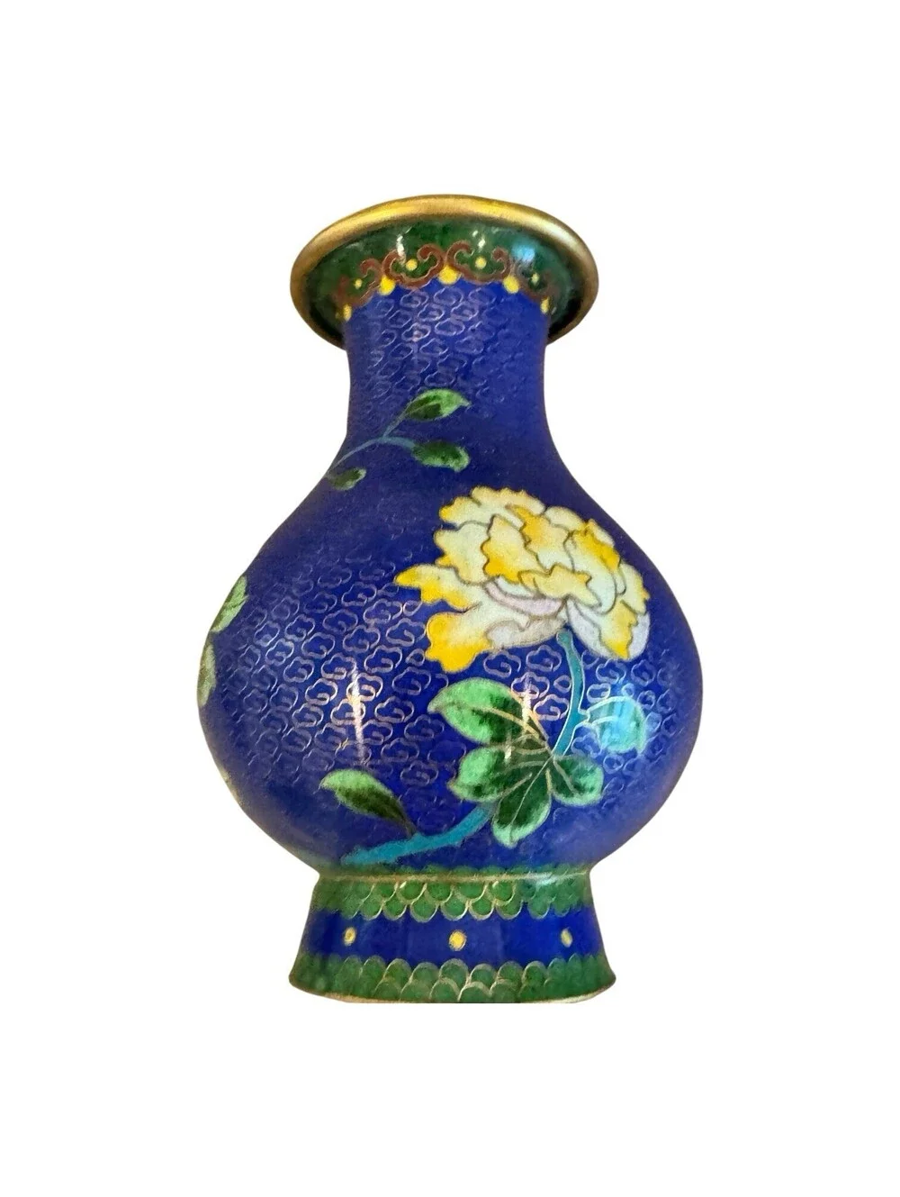 Vintage Chinese Cloisonné Vase Blue Enamel Floral Brass 6 Inch Decorative